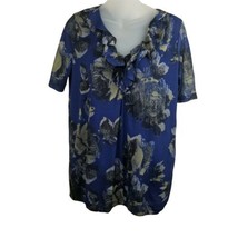 DKNY Jeans  Womens Large Sheer Short Sleeve Ruffle V-Neck Blouse  Blue Floral  - £5.02 GBP