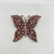 Vintage Butterfly Brooch Pink Clear Rhinestones Antiqued Gold Tone Rope ... - £19.49 GBP
