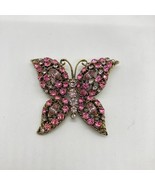 Vintage Butterfly Brooch Pink Clear Rhinestones Antiqued Gold Tone Rope ... - £19.41 GBP