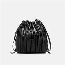 Brand Design PU Leather Shoulder Bag Pleated Stripe Bucket Bag Ladies Crossbody  - £36.96 GBP
