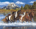 36&quot; X 44&quot; Panel Wild Horses Equestrian Animals Mountains Fabric Panel D3... - £12.13 GBP