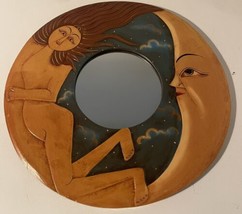 Vintage Hand Painted Carved Wood Wall Mirror Moon Lady  Bohemian Retro - $123.74