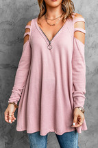 Pink Zip Neck Cut-out Waffle Knit Long Sleeve Top - £20.03 GBP