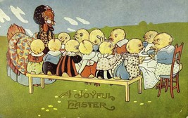 Joyful Easter Chicken and Chicks Dinner Table Anthropomorphic Antique Postcard - £4.70 GBP