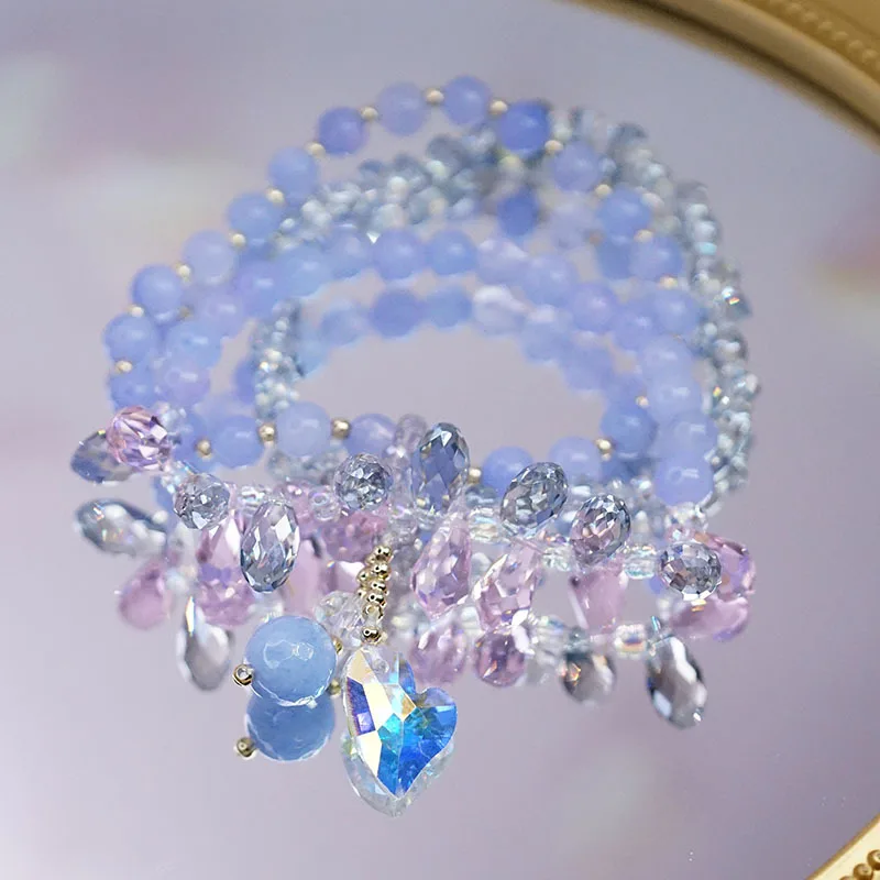 Shiny 3 Circles Heart Pendant Blue Natural Stone Pink Artificial Crystal Beaded  - £20.38 GBP