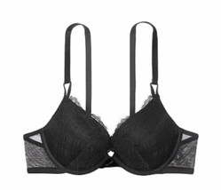 Victoria’s Secret Black Sexy Velvet Strap Push Up Lace Bra 38DD Scallop Trim - $27.72