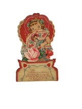 Vintage Pull Down Valentine Card Girl Fan Folding Flowers Roses USA Ephe... - $18.81