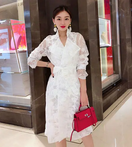 New Korean Style Ladies es &#39;s White  Long Trench Elegant Woman Thin Mid-Length C - £236.24 GBP