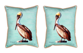Pair of Betsy Drake Pelican Teal Large Indoor Outdoor Pillows 16 Inch X 20 Inch - £70.08 GBP