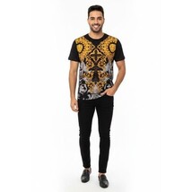 Men LAVERITA European Fashion Crew Shirt Rhine Cross Floral 93370 Black image 5