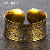 Tibetan Jewelry Retro Gold Color Flower Pattern Bangle For Woman Wide Op... - $14.97