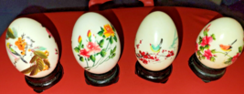Set Of 4 Vintage Oriental Hand Painted Eggs On Stands 2 1/4&quot;H Possibly Signed - £23.66 GBP