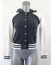 GRG Hoodie Girls Medium Gray White Varsity Style Snap Button Up Hooded Jacket - £9.37 GBP