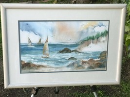 Underwood Original Modern Seascape Watercolor Gouache 3D Collage Impressionist - £870.04 GBP
