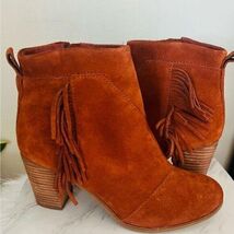TOMS Lunata Western Boho Tassel Suede Bootie Stacked Block Heel, Brown S... - $39.00