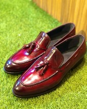 Men&#39;s Handmade Red Color Genuine Leather Slip On Moccasin Loafers Shoes - £158.57 GBP