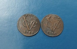 2 Pcs Dutch Voc 1/2 HALF Duit 1749 &amp; 1750 Holland New York Penny SMALL C... - £14.78 GBP