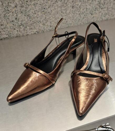 ZARA BNWT 2025. GOLD COOPER METALLIC KITTEN HEEL SLINGBACK SHOES. 1215/510/091