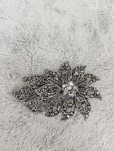 Vintage Monet Rhinestone Floral Leaf Brooch Lapel Pin Marcasite - $10.38