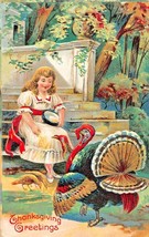 Thanksgiving Greetings~Young Girls Feeding Turkeys~Embossed 1915 Postcard - £7.17 GBP