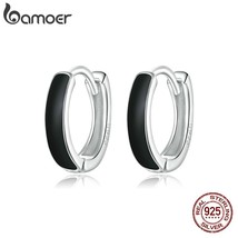 1 Pair Silver Black Hoop Earrings for Women 100% 925 Sterling Silver Enamel Drop - £17.43 GBP