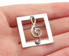 BEAU 925 Sterling Silver - Vintage Treble Clef Music Square Brooch Pin - BP2173 - £30.31 GBP