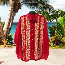 Tommy Bahama Red Linen Floral Shirt Long Sleeve Button Up XL Cruise Hawaiian - £69.43 GBP