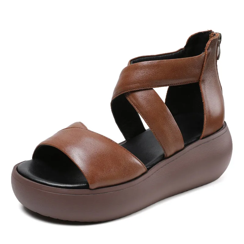 Handmade Retro Sandals Women Summer Cross Genuine Cow Leather Wedges Pla... - $101.98