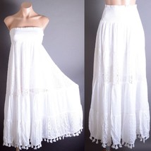White Pom Pom Fringe Tassel Smocked Stretch Lined Beach Summer Cotton Sk... - $75.41 CAD