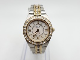 Relic Watch Women Silver Gold Tone Pave Bezel Band Date New Battery 5.75&quot; 25mm - £22.09 GBP