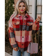 Orange Plaid Print Flap Pockets Buttoned Casual Plus Size Jacket - $40.88