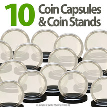 10 Coin Capsules &amp; 10 Coin Stands for 1oz SILVER or COPPER ROUNDS Airtig... - $9.46