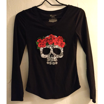 No Boundaries Skull W/Red Roses Crown Black L/S Shirt Small (1) Halloween Skull - $6.95