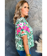 Blackish Green Embroidered Puff Sleeve Frilled Neck Printed Top - $24.79 CAD
