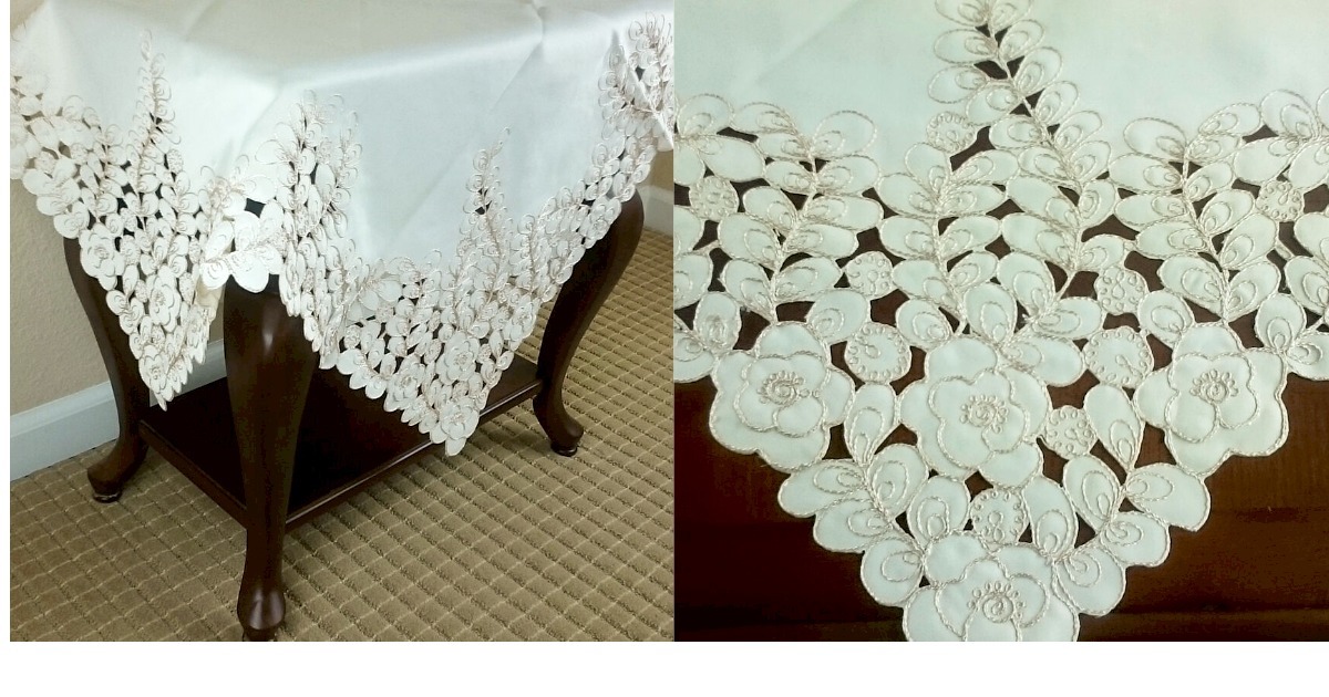 Embroidery Peacock Solid Beige Fabric Cutwork Tablecloth End Table Night... - $30.99