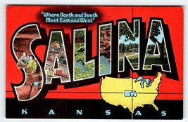 Greetings From Salina Kansas Large Big Letter Postcard Linen EC Kropp Un... - $11.64