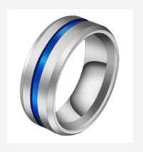 Silver Blue Stripe Titanium Stainless Steel Ring 5 6 7 8 9 11 12 - £31.96 GBP