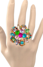1.5/8&quot; Colorful Crystals Rhinestones Adjustable Cluster Cocktail Party Ring - £13.66 GBP
