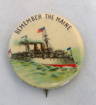 Antique Remember Maine celluloid pinback battleship US Navy military - $46.88 CAD