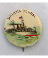 Antique Remember Maine celluloid pinback battleship US Navy military - $46.88 CAD