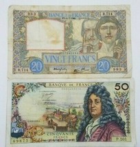 FRANCE LOT OF 2 BANKNOTES 20 FRANCS 1940 AND 50 FRANCS 1972 CIRCULATED RARE - $74.41