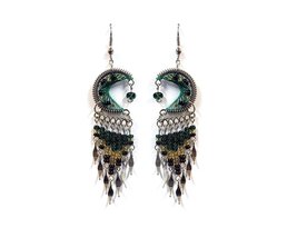 Crescent Half Moon Silk Thread Long Beaded Metal Dangles Earrings - Women Fashio - £11.68 GBP