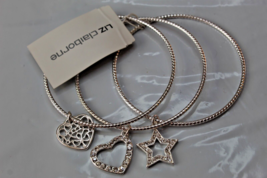 Liz Claiborne Silver Bangle Bracelets Set of 3 Twist Rhinestone Hearts & Star - $15.12