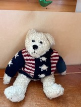 The Boyds Collection White Curly Plush Jointed Teddy Bear Ethan w Patriotic Flag - $10.39