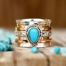 Vintage Wide Style Ring with Turquoise Color Stone Inlays Size 8 - £23.09 GBP