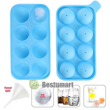 Blue Round Ice Cube Tray Maker Ball 8 Large Sphere Mold Whiskey Cocktails+Funnel - $17.99