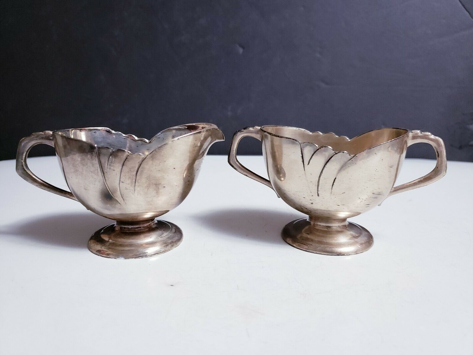 Art Deco Silverplate Mini Creamer &amp; Dual Handle Open Sugar &quot;M&quot; In Diamon... - $24.74