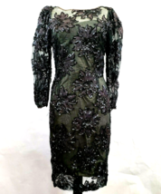Vicky Tiel Paris Black Cocktail Dress V-back long Sleeve Women sz 8 lace sequin - £156.35 GBP