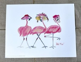 Ortrud K Tyler &quot;Hot Pink&quot; Whimsical Flamingo Print Birds Wearing Elegant Hats - £11.82 GBP