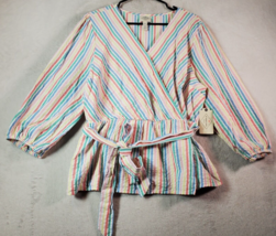 St. John&#39;s Bay Blouse Top Womens XL Multi Striped Cotton Long Sleeve Wrap V Neck - £15.90 GBP
